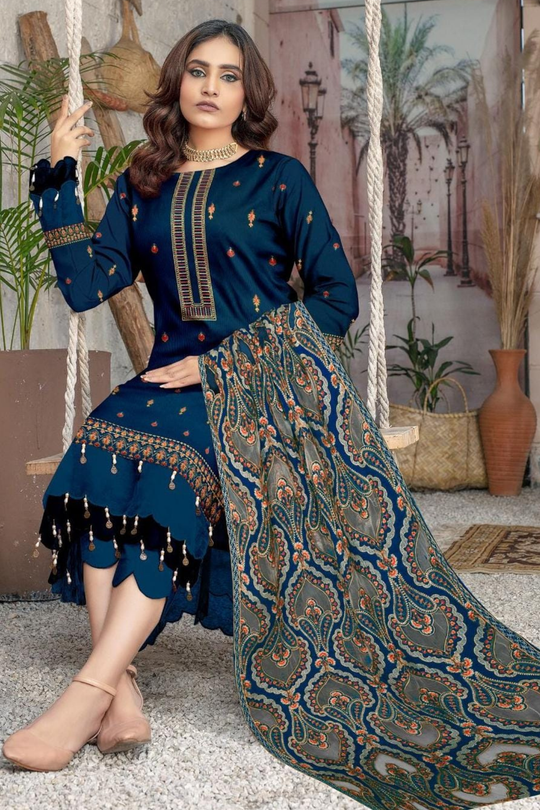 3PC Unstitched Dhanak Embroidered Shirt with Dhanak Aplik Work Shawl Embroidered Dupatta MB-110 A