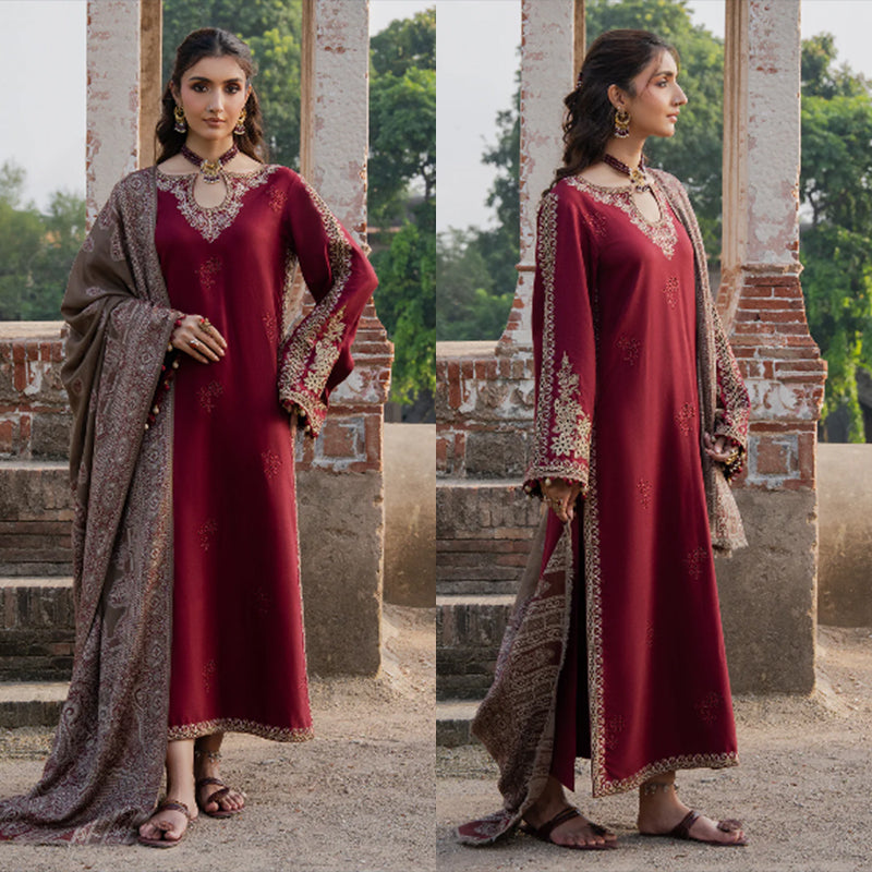 3PC EMBROIDERED DHANAK SUIT AY- 0050