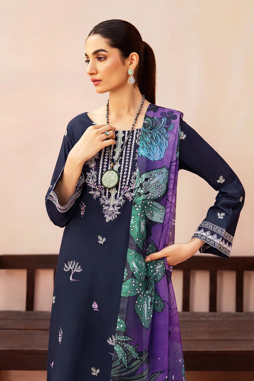 3PC EMBROIDERED DHANAK SUIT AY-1012